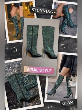 INC International Concepts Iridescent Green Rhinestone Knee High Boots